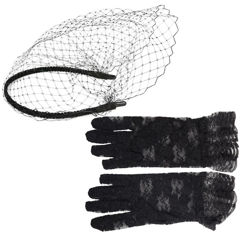 1 Set Veil Mesh Headband Short Lace Gloves Floral Lace Gloves Mesh Headdress for Woman Girl - Image 4
