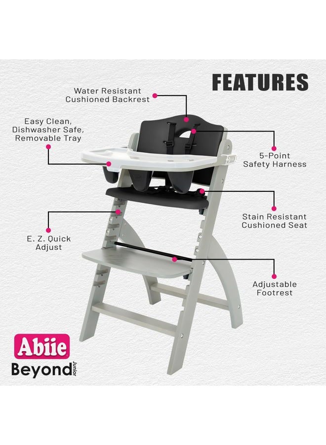 Abiie Beyond Junior Wooden High Chair for Babies and Toddlers - Convertible 3-in-1 Baby Highchair with Removable Tray - 6 Months to 250 Lb - Water Resistant - Misty Grey Wood/Black Pearl Cushion - Image 3