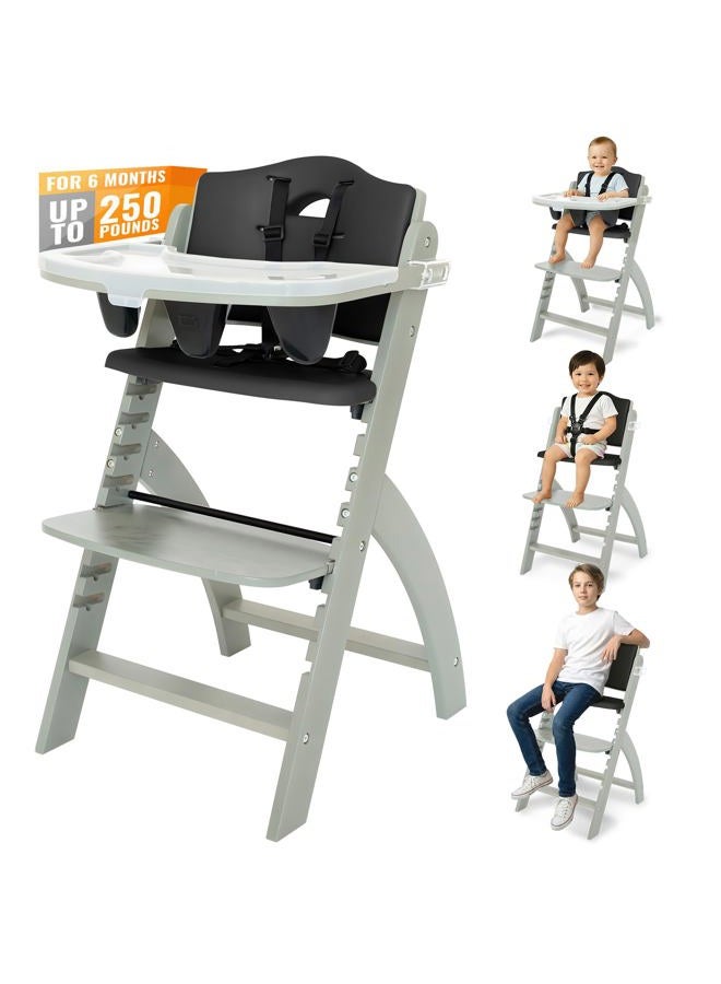 Abiie Beyond Junior Wooden High Chair for Babies and Toddlers - Convertible 3-in-1 Baby Highchair with Removable Tray - 6 Months to 250 Lb - Water Resistant - Misty Grey Wood/Black Pearl Cushion - Image 2