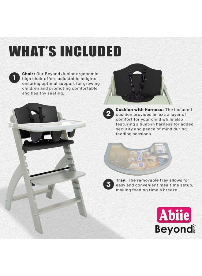 Abiie Beyond Junior Wooden High Chair for Babies and Toddlers - Convertible 3-in-1 Baby Highchair with Removable Tray - 6 Months to 250 Lb - Water Resistant - Misty Grey Wood/Black Pearl Cushion - Image 4