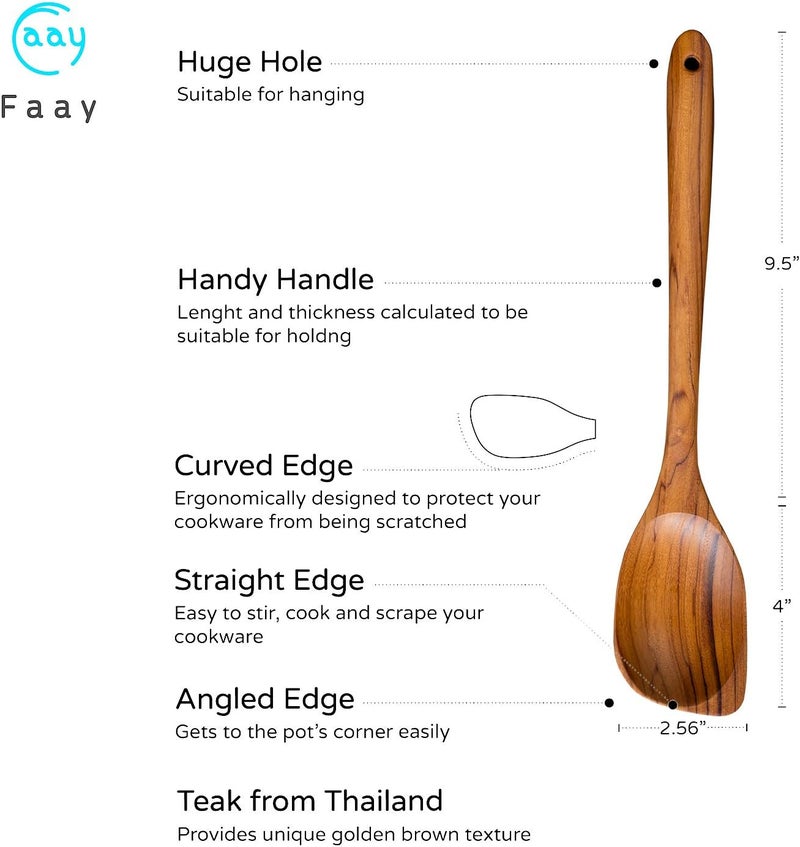 FAAY 13.5” Left-Handed Corner Wooden Spoon – Angled Teak Cooking Utensil for Left-Hand Use, Ergonomic Scraper & Stirring Spoon, Handcrafted Thai Teak, Safe for Nonstick Cookware - Image 2