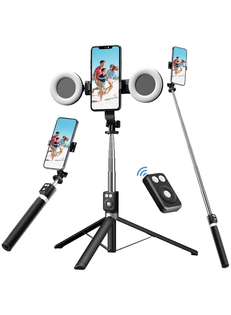 حامل ثلاثي القوائم لعصا السيلفي مع فلاش مزدوج، حامل هاتف يدور 360 درجة، جهاز تحكم عن بعد بتقنية البلوتوث، حامل ثلاثي القوائم من الفولاذ المقاوم للصدأ بحجم الجيب لتيك توك، والتدوين بالفيديو، والبث المباشر وتسجيل الفيديو - Image 1