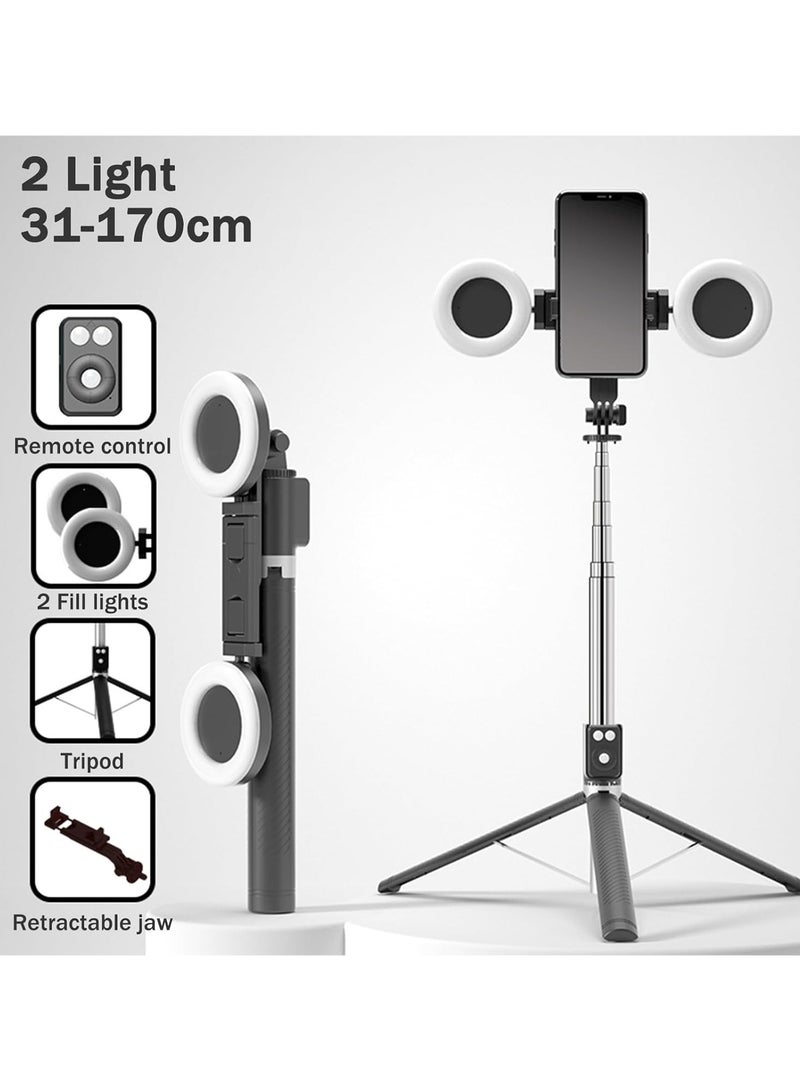 حامل ثلاثي القوائم لعصا السيلفي مع فلاش مزدوج، حامل هاتف يدور 360 درجة، جهاز تحكم عن بعد بتقنية البلوتوث، حامل ثلاثي القوائم من الفولاذ المقاوم للصدأ بحجم الجيب لتيك توك، والتدوين بالفيديو، والبث المباشر وتسجيل الفيديو - Image 4