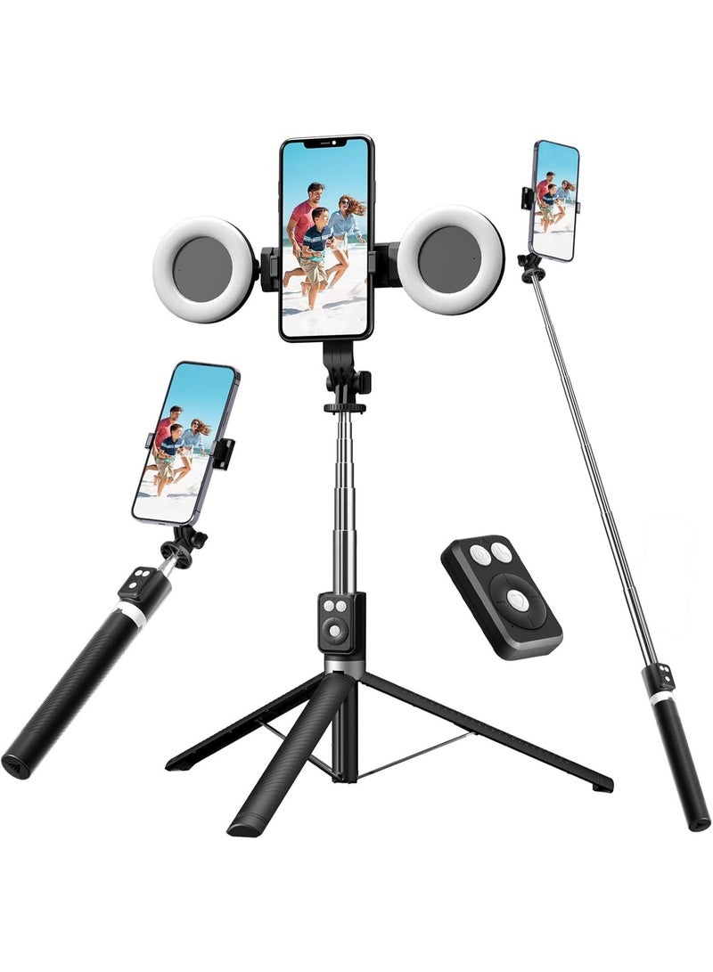 حامل ثلاثي القوائم لعصا السيلفي مع فلاش مزدوج، حامل هاتف يدور 360 درجة، جهاز تحكم عن بعد بتقنية البلوتوث، حامل ثلاثي القوائم من الفولاذ المقاوم للصدأ بحجم الجيب لتيك توك، والتدوين بالفيديو، والبث المباشر وتسجيل الفيديو - Image 1