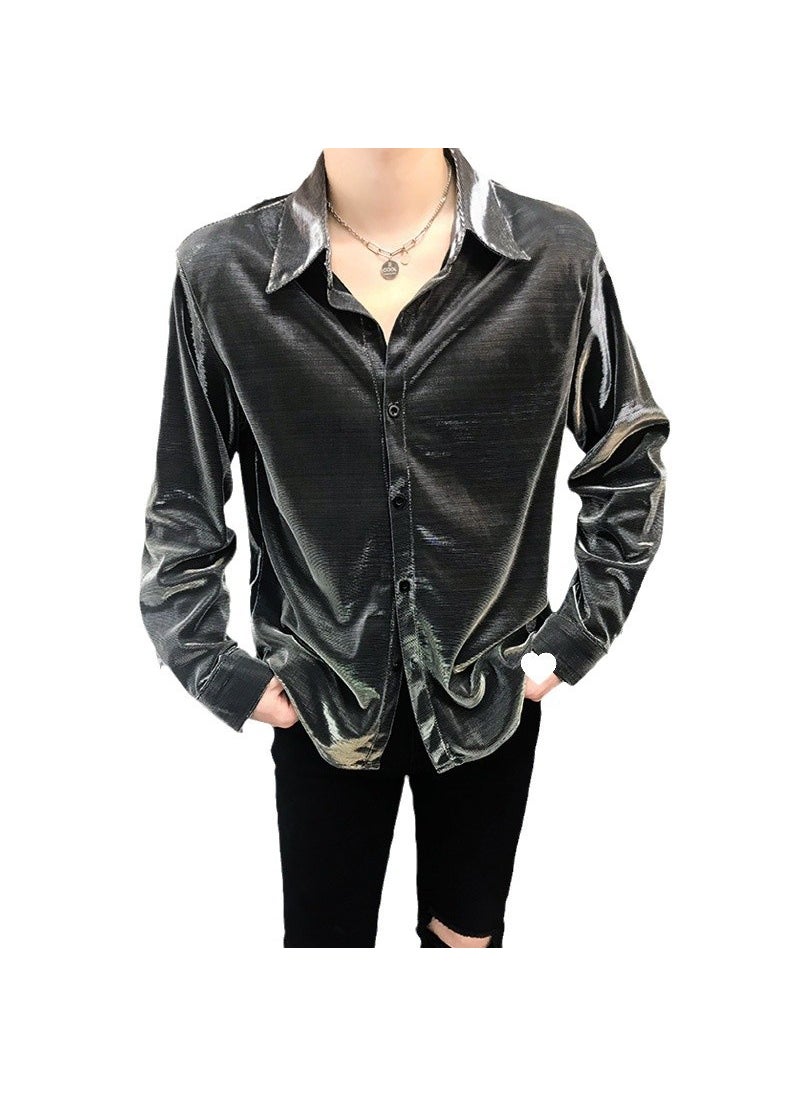 Generic - Shiny Face Mens Shirt Loose Drape Long Sleeve Spring Autumn Casual Hair Stylist Silk Washable Slim Fit Square Collar Solid Color Fuchsia - Image 1