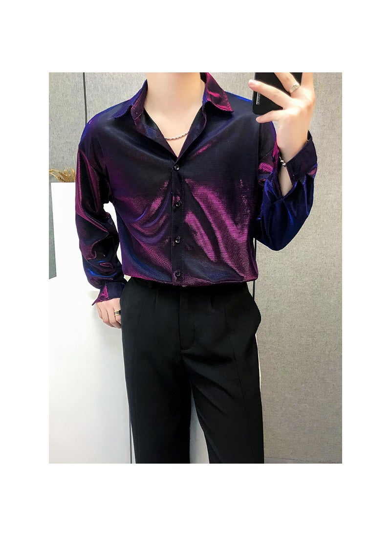 Generic - Shiny Face Mens Shirt Loose Drape Long Sleeve Spring Autumn Casual Hair Stylist Silk Washable Slim Fit Square Collar Solid Color Fuchsia - Image 1