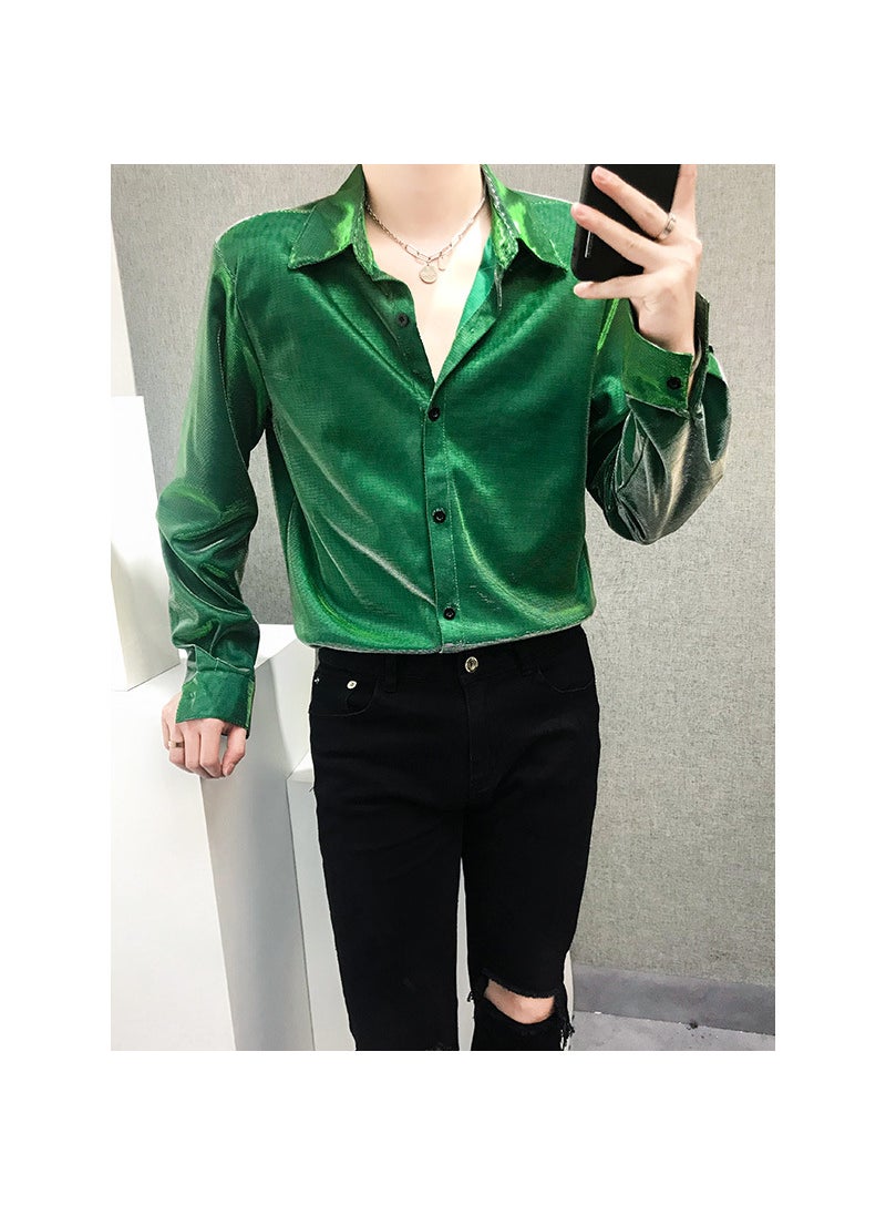 Generic - Shiny Face Mens Shirt Loose Drape Long Sleeve Spring Autumn Casual Hair Stylist Silk Washable Slim Fit Square Collar Solid Color Fuchsia - Image 1