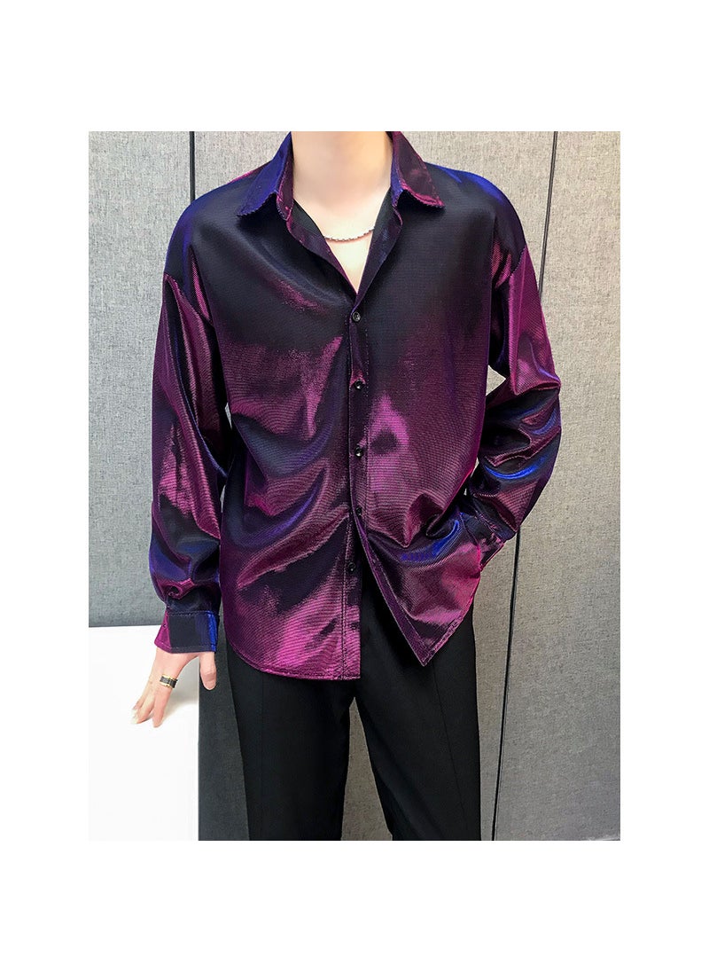 Generic - Shiny Face Mens Shirt Loose Drape Long Sleeve Spring Autumn Casual Hair Stylist Silk Washable Slim Fit Square Collar Solid Color Fuchsia - Image 1