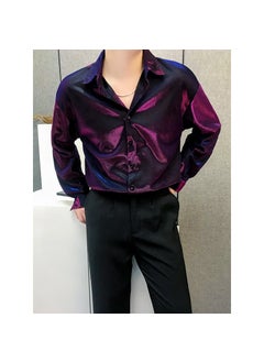 Generic Shiny Face Mens Shirt Loose Drape Long Sleeve Spring Autumn Casual Hair Stylist Silk Washable Slim Fit Square Collar Solid Color Fuchsia  - Image 2