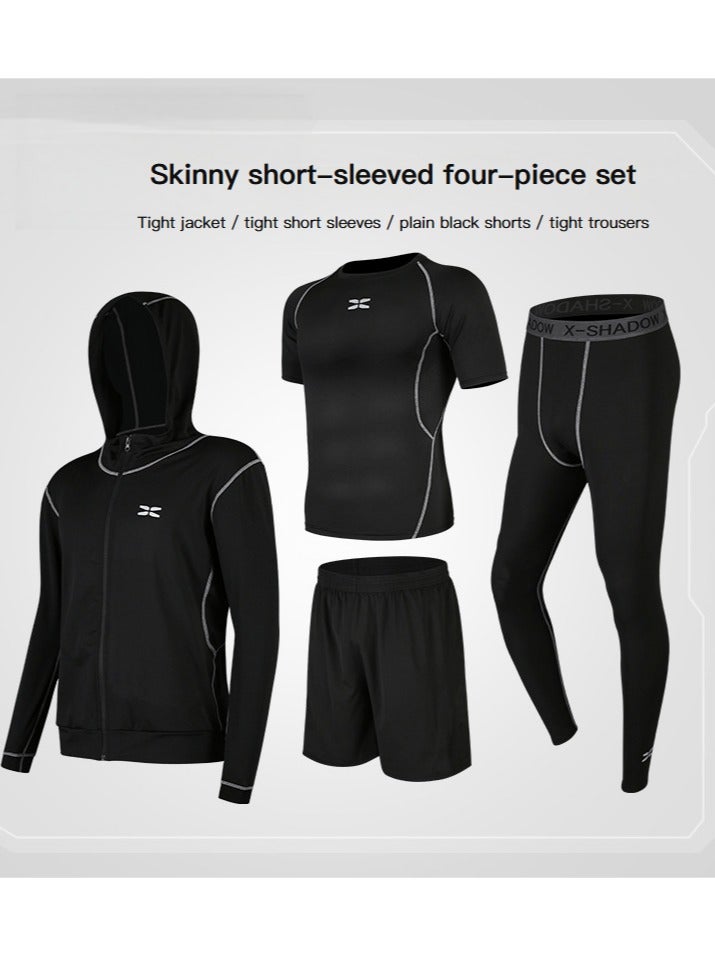 عام ملابس رياضية أسود ضيقة من أربع قطع للرجال لباس رياضي ربيع وصيف جوارب رياضية معدات الجري لتدريب كرة السلة مجموعة تمارين - Image 1