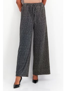 Women Regular Fit Textured Wide Leg Pants, Black