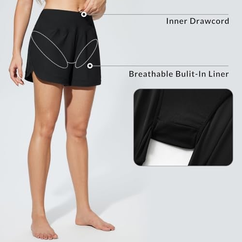 baleaf Women's Swim Shorts High Waisted 4" Board Shorts Quick Dry Tummy Contol Swimming Bottoms UPF50+ Swimsuit Bathing Suits with Liner and Pockets Black XL - Image 4