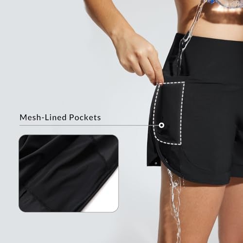 baleaf Women's Swim Shorts High Waisted 4" Board Shorts Quick Dry Tummy Contol Swimming Bottoms UPF50+ Swimsuit Bathing Suits with Liner and Pockets Black XL - Image 3