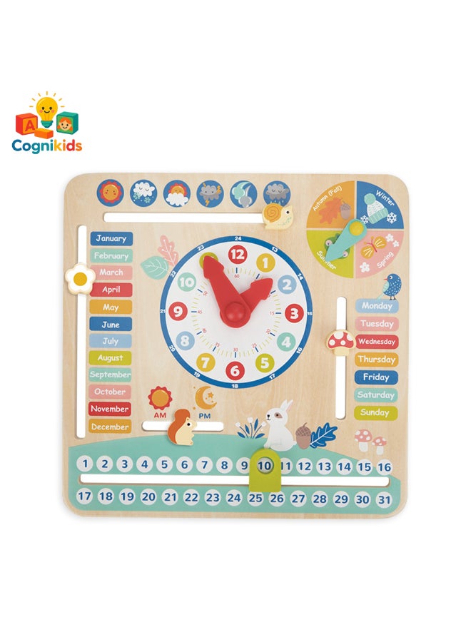 COGNIKIDS تقويمي - تقويم خشبي ولوحة طقس للأطفال | تعلم الوقت والتاريخ والأيام والفصول | لوحة روتينية مستوحاة من مونتيسوري للأطفال من عمر 3 سنوات فما فوق - Image 2