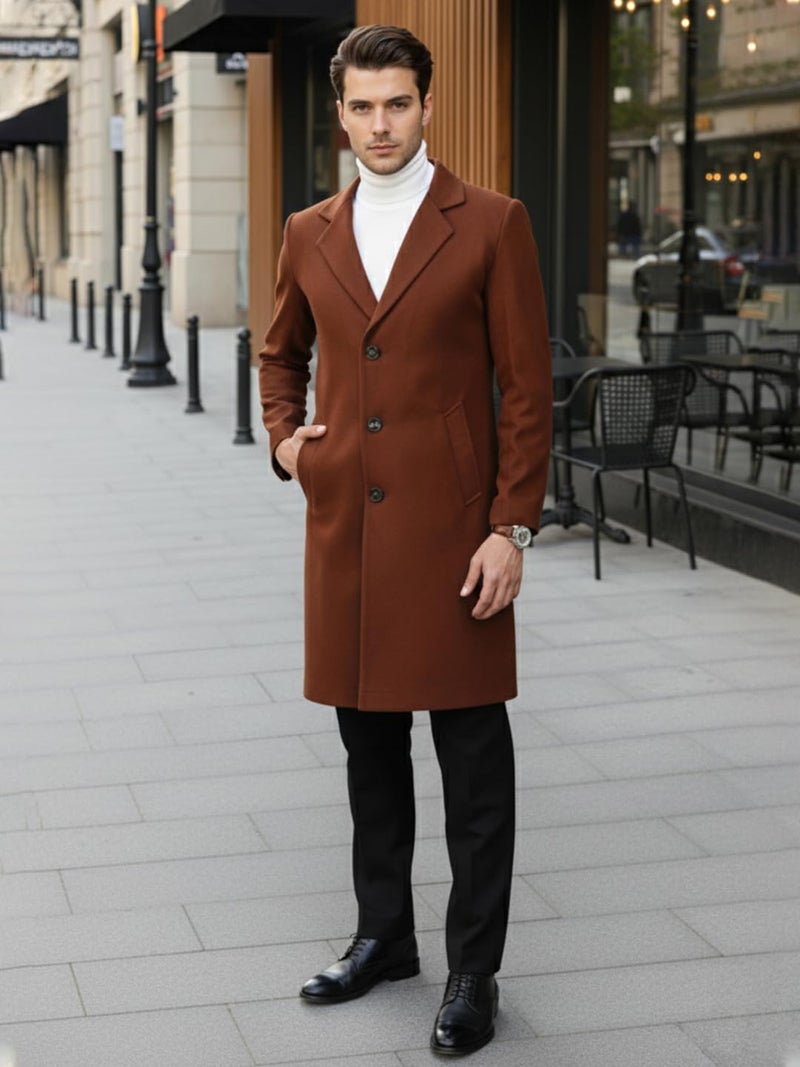 CHKOKKO Men Stylish Long Winter Coat Single Breasted Thigh Length Overcoat with Elegant Notched Lapel Collar & Functional Front Side Pockets for Formal or Semi-Formal Occasions BROWN S - Image 5