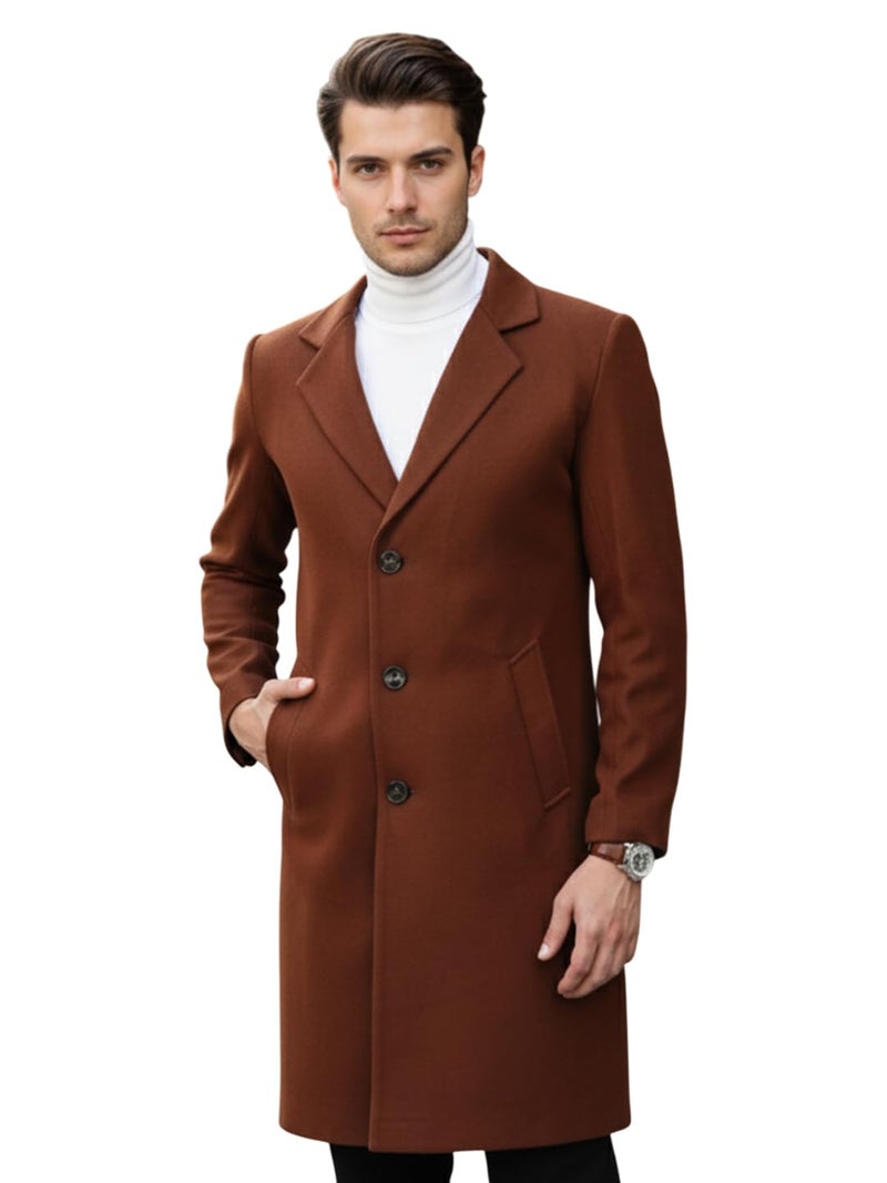 CHKOKKO Men Stylish Long Winter Coat Single Breasted Thigh Length Overcoat with Elegant Notched Lapel Collar & Functional Front Side Pockets for Formal or Semi-Formal Occasions BROWN S - Image 1