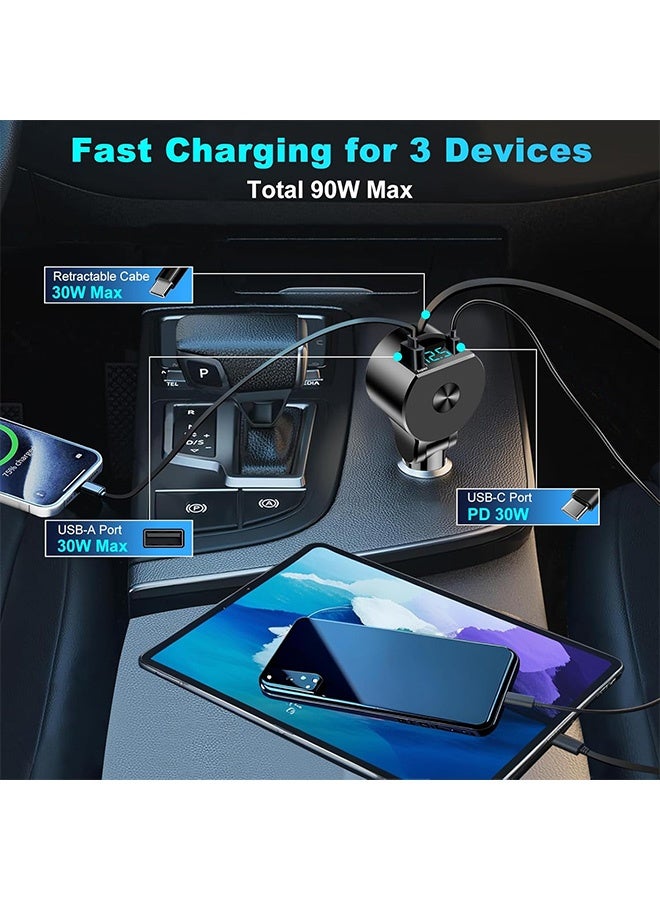 مانجي شاحن سيارة USB C قابل للسحب، كابلات PD 30 وات من النوع C قابلة للسحب، شاحن سيارة سريع متوافق مع iPhone 16 Pro Max Plus 15 14 13 XS Samsung GPS - Image 2