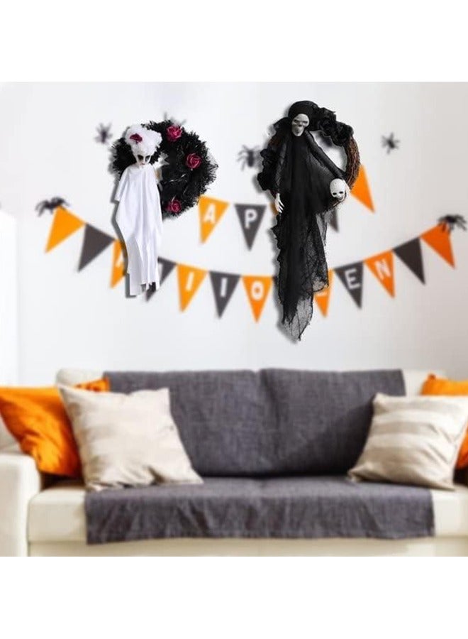 Halloween Door Wreath Of Horror Roses Hanging On The White Black Ghost Gate Halloween Decorations  - Image 3