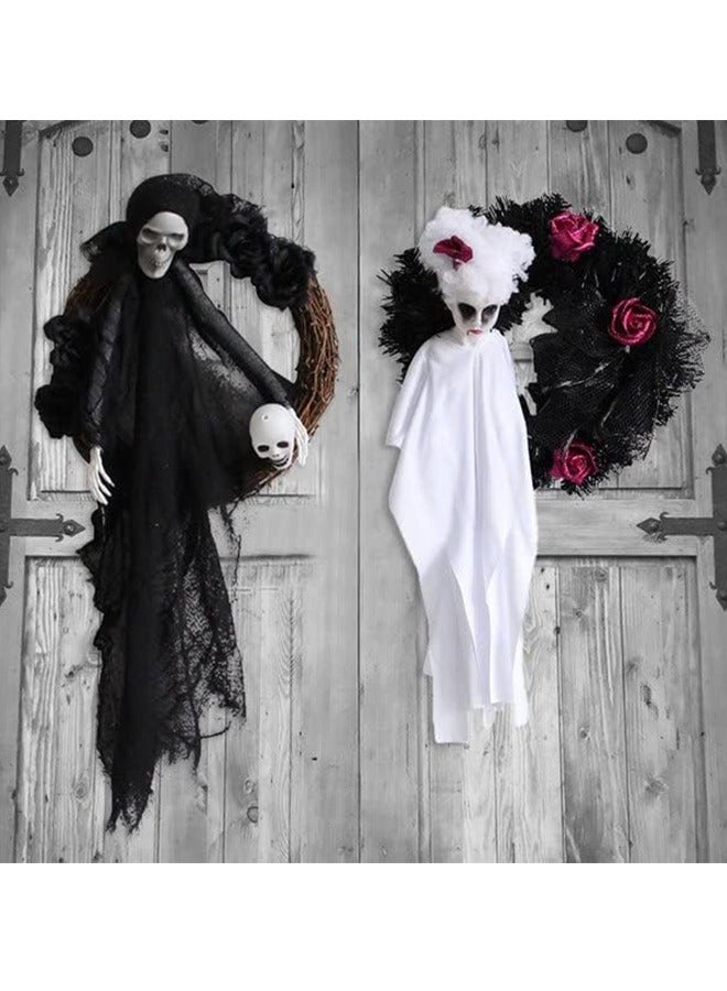Halloween Door Wreath Of Horror Roses Hanging On The White Black Ghost Gate Halloween Decorations  - Image 4