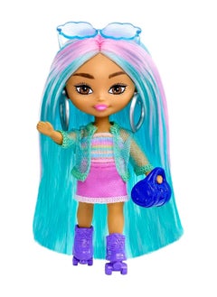 Mattel BARBIE Barbie Doll, Mini Toys, Barbie Extra Mini Doll with Blue Hair, Sporty Outfit and Roller Skates  - Image 1
