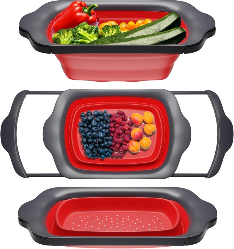 Comfify XL Large Kitchen Strainer by - Collapsible Silicone Over-The-Sink Colander with Extendable Handles - Use with Pasta, Fruit, Berries & Veggie - 6 Quart - Red - Image 1