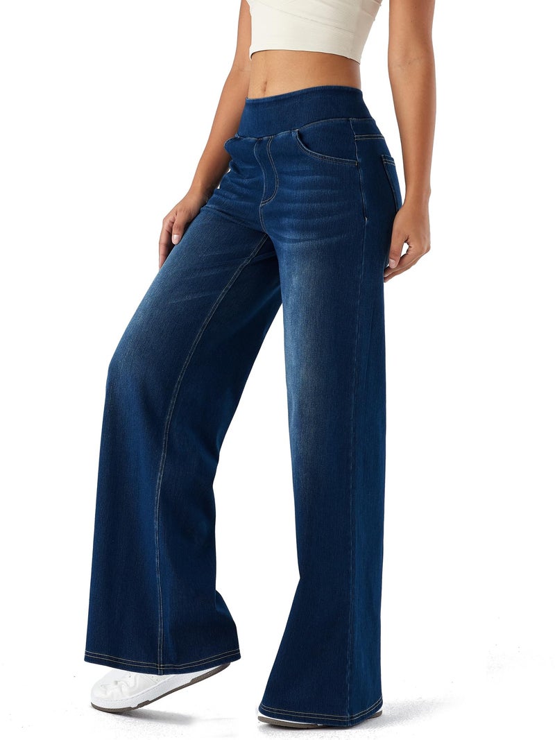 LERYG Large Wide Leg Jeans for Women,High Waisted and Slimming with Multiple Pockets,Straight Tube, Loose fit,Cat Whisker,Marbling wash Craft,High Elasticity Casual Denim Pants(DarkBlueVintage,M) - Image 4