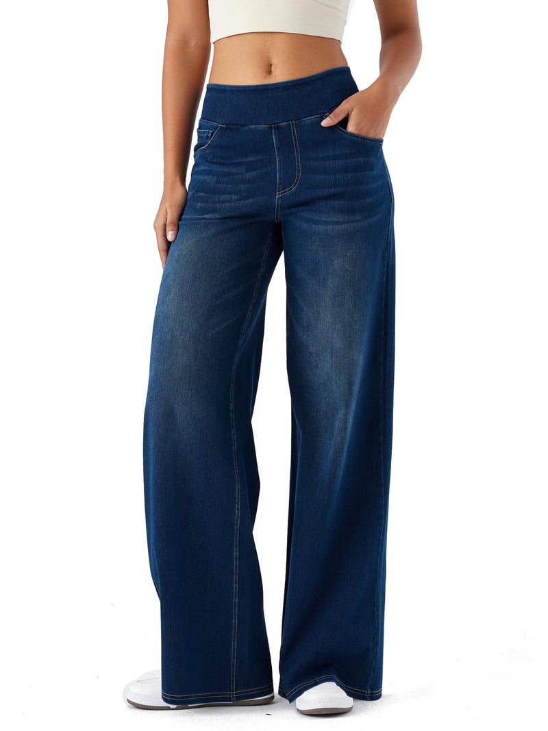 LERYG Large Wide Leg Jeans for Women,High Waisted and Slimming with Multiple Pockets,Straight Tube, Loose fit,Cat Whisker,Marbling wash Craft,High Elasticity Casual Denim Pants(DarkBlueVintage,M) - Image 1