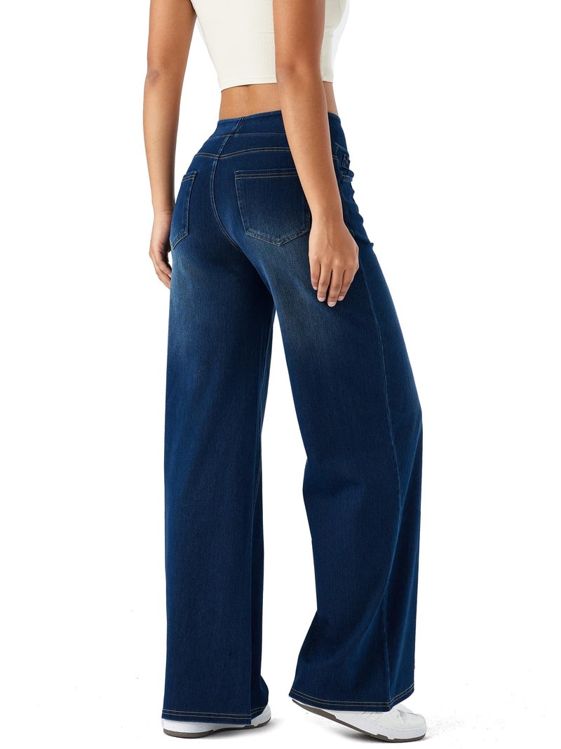 LERYG Large Wide Leg Jeans for Women,High Waisted and Slimming with Multiple Pockets,Straight Tube, Loose fit,Cat Whisker,Marbling wash Craft,High Elasticity Casual Denim Pants(DarkBlueVintage,M) - Image 2