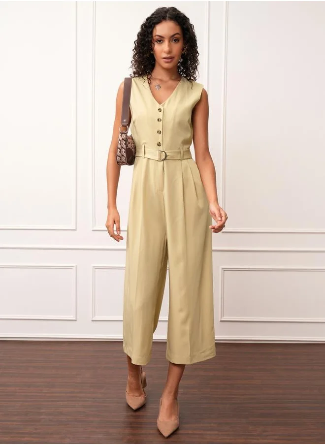 Tokyo Talkies Solid V-Neck Buttoned Culotte Leg Jumpsuit with Belt