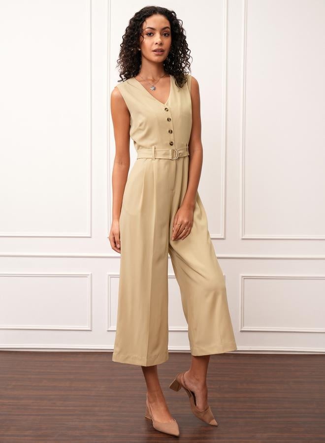 Tokyo Talkies Solid V-Neck Buttoned Culotte Leg Jumpsuit with Belt