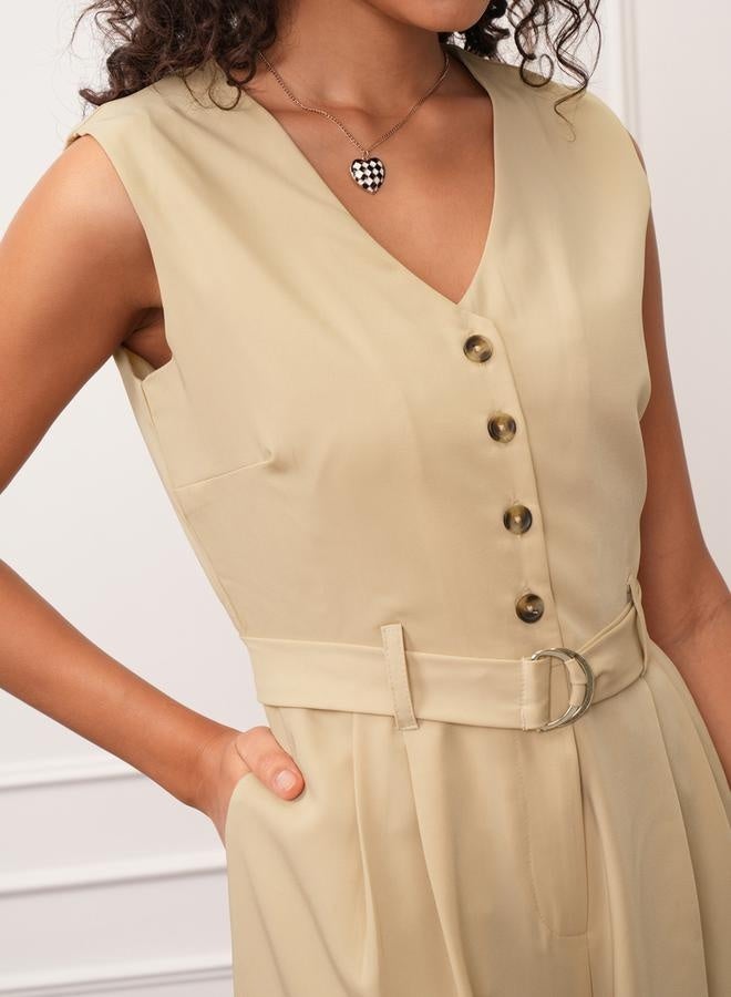 Tokyo Talkies Solid V-Neck Buttoned Culotte Leg Jumpsuit with Belt