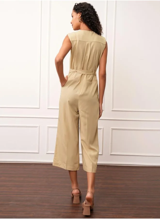 Tokyo Talkies Solid V-Neck Buttoned Culotte Leg Jumpsuit with Belt