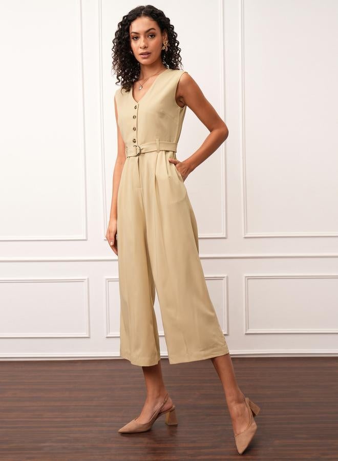 Tokyo Talkies Solid V-Neck Buttoned Culotte Leg Jumpsuit with Belt
