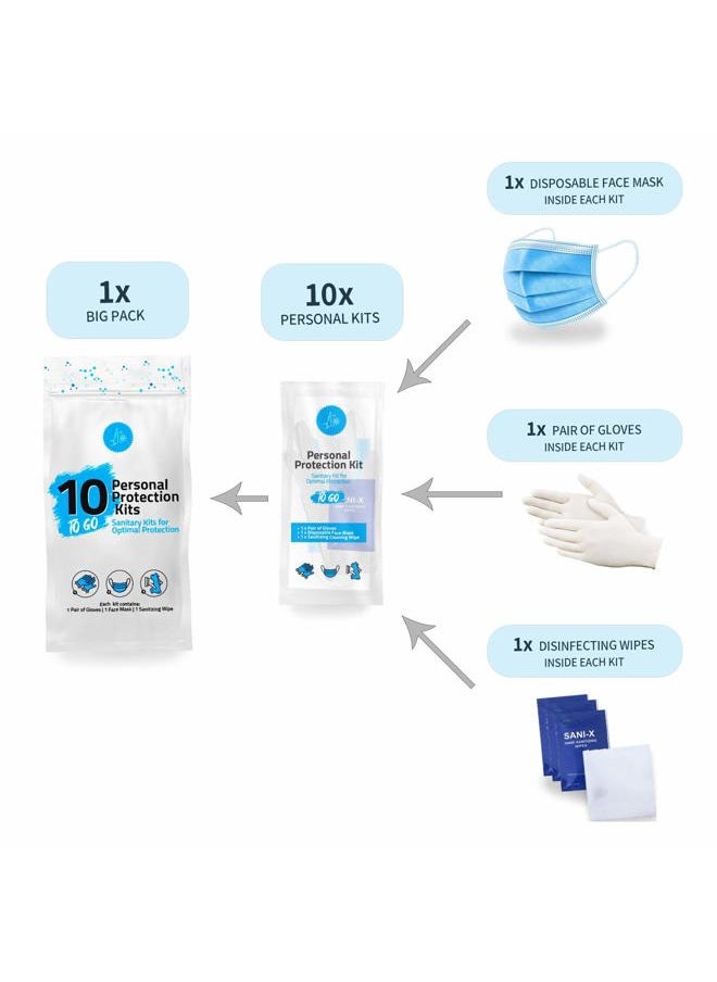 pH Advantage - Personal Protection Kits – Mini 3 Item 10 PACK | Convenience on the Go | Individually wrapped pack for travelling | PPE Kit | Plastic Gloves, Hand Cleansing Wipes, Disposable Face Mask (Purple) - Image 1
