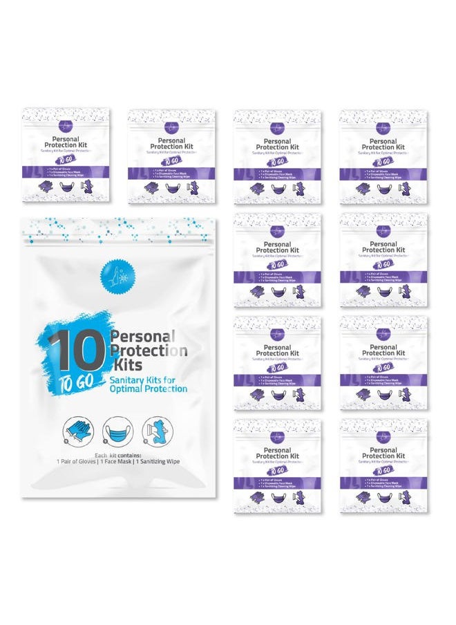 pH Advantage - Personal Protection Kits – Mini 3 Item 10 PACK | Convenience on the Go | Individually wrapped pack for travelling | PPE Kit | Plastic Gloves, Hand Cleansing Wipes, Disposable Face Mask (Purple) - Image 1