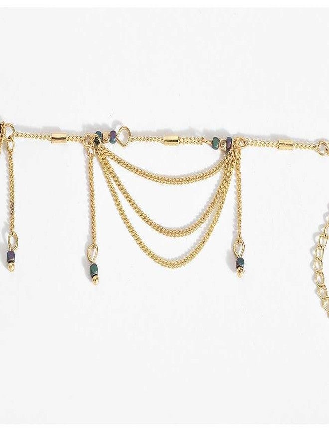 Bling Queen خلخال نسائي مطلي بالذهب مزين بشرابة وخرز، مزود بمشبك لوبستر، خلخال شاطئي بوهيمي الطراز، خلخال متعدد السلاسل مزين بأحجار لامعة، خلخال شاطئي بشرابة، خلخال أنيق متدلٍ (ذهبي) - Image 5