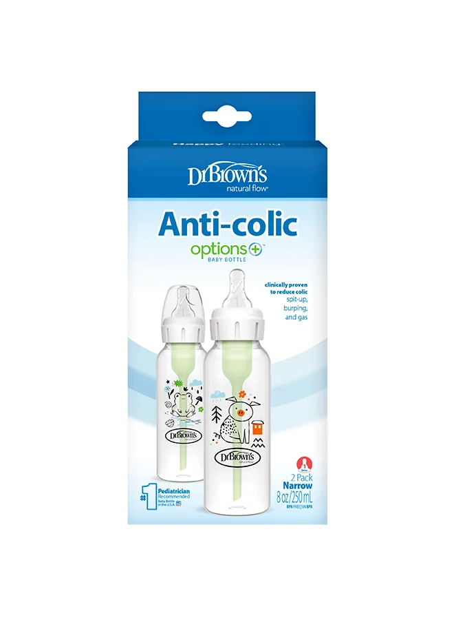 دكتور براونز 8 oz/250 mL PP Narrow Anti-Colic Options+ Baby Bottle, Pig/Frog, 2-Pack