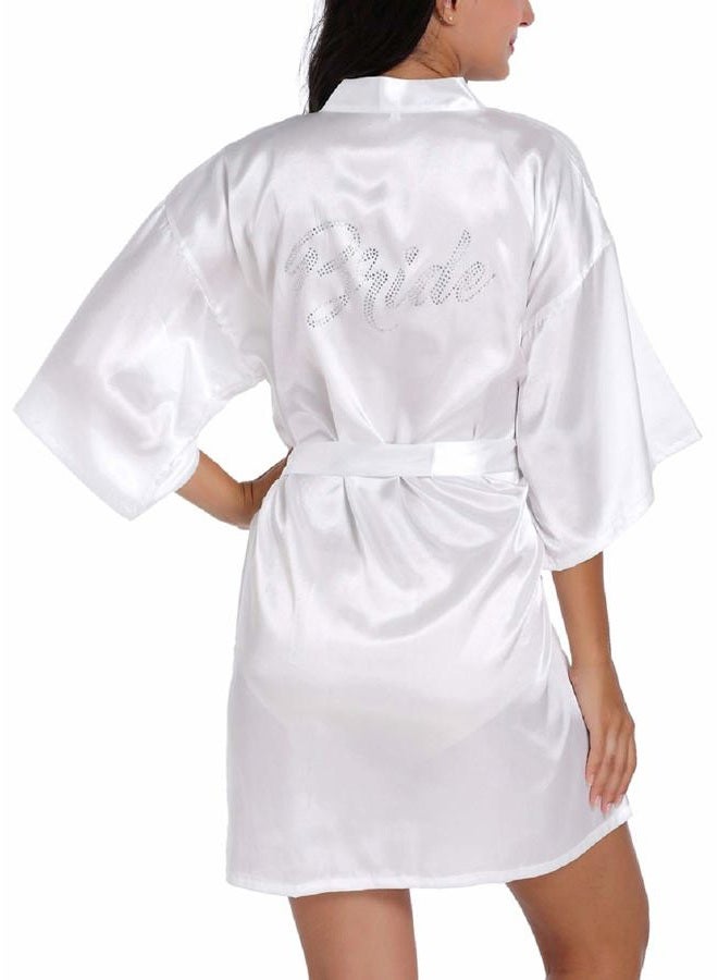 sunshinemall Women's Satin Kimono Robes with Rhinestones Bride Bridesmaid Short Getting Ready Wedding Dressing Gown, White, L-XL - Image 3
