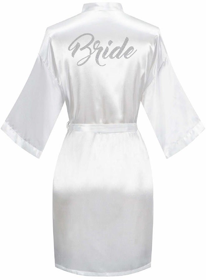 sunshinemall Women's Satin Kimono Robes with Rhinestones Bride Bridesmaid Short Getting Ready Wedding Dressing Gown, White, L-XL - Image 1