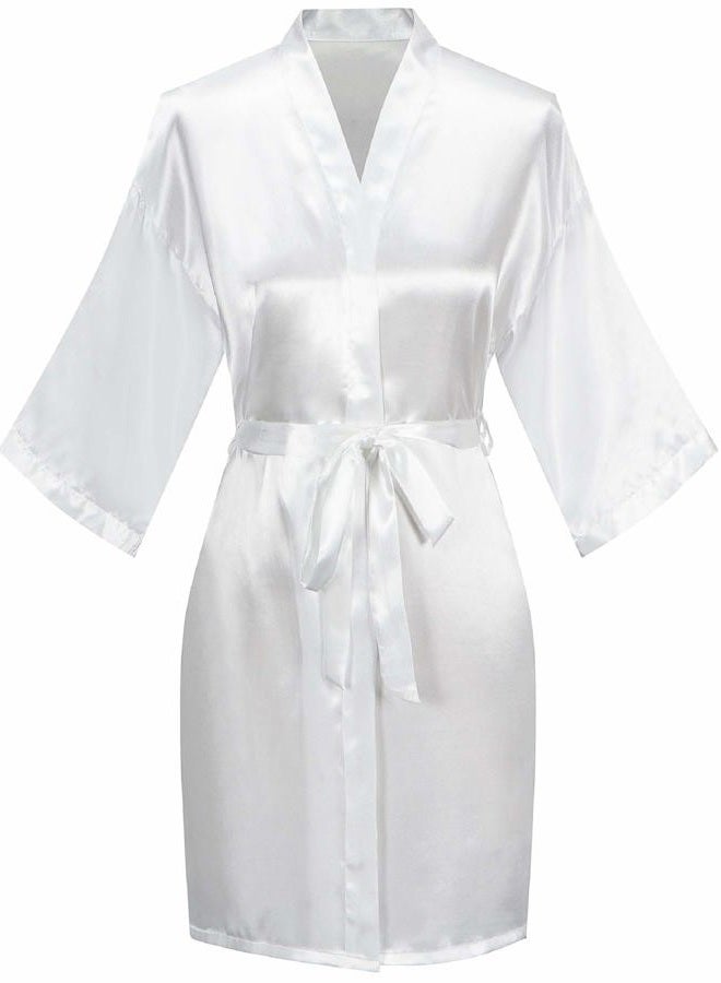 sunshinemall Women's Satin Kimono Robes with Rhinestones Bride Bridesmaid Short Getting Ready Wedding Dressing Gown, White, L-XL - Image 2