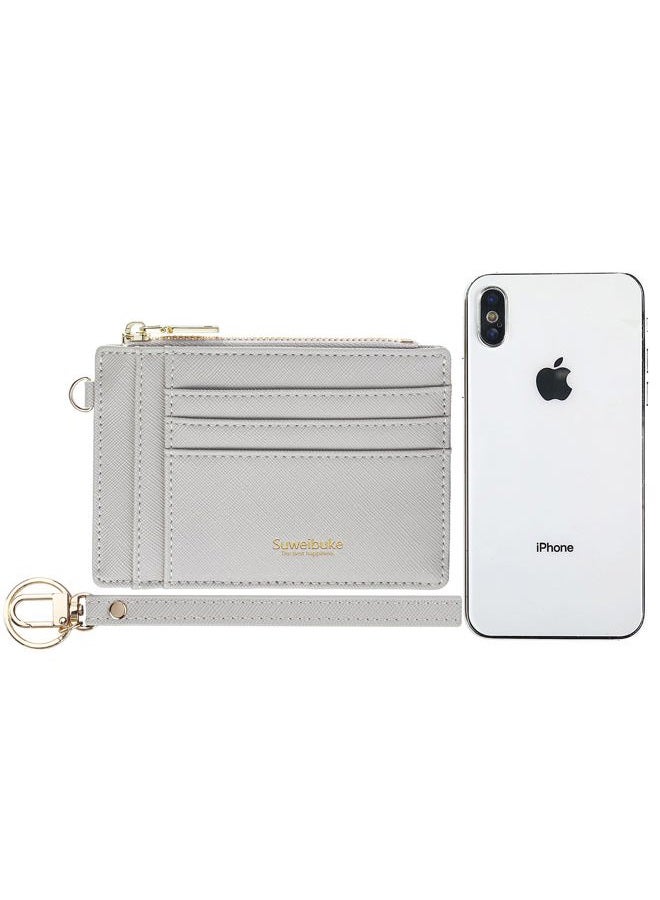 Wikavanli Women Slim Rfid Blocking Credit Card Case Holder Wristlet Zip ID Case Wallet Small Compact Leather Wallet Coin Purse with Keychain (Light Gray)  - Image 3