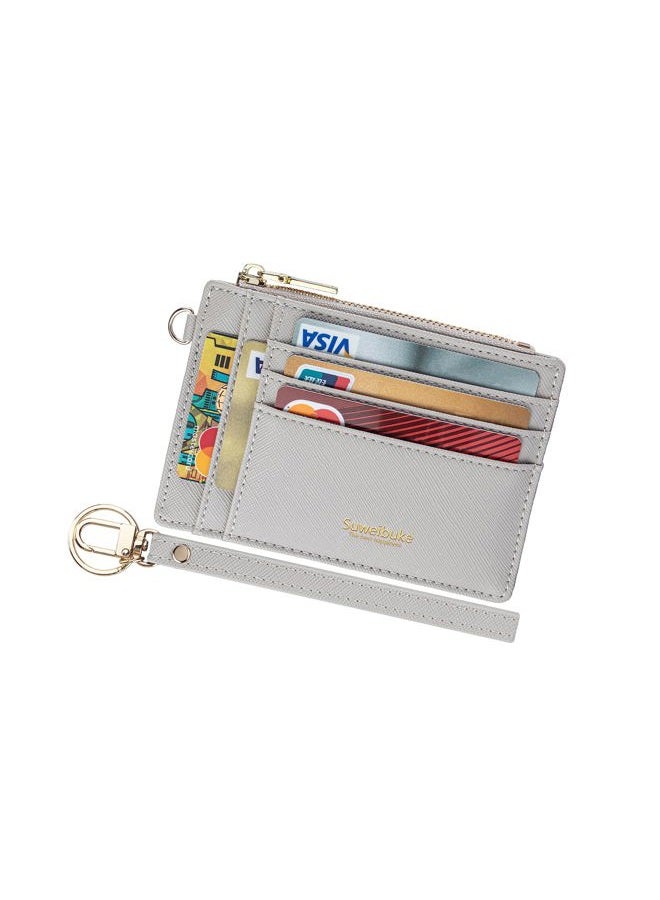 Wikavanli Women Slim Rfid Blocking Credit Card Case Holder Wristlet Zip ID Case Wallet Small Compact Leather Wallet Coin Purse with Keychain (Light Gray)  - Image 1