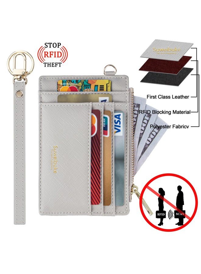 Wikavanli Women Slim Rfid Blocking Credit Card Case Holder Wristlet Zip ID Case Wallet Small Compact Leather Wallet Coin Purse with Keychain (Light Gray)  - Image 4