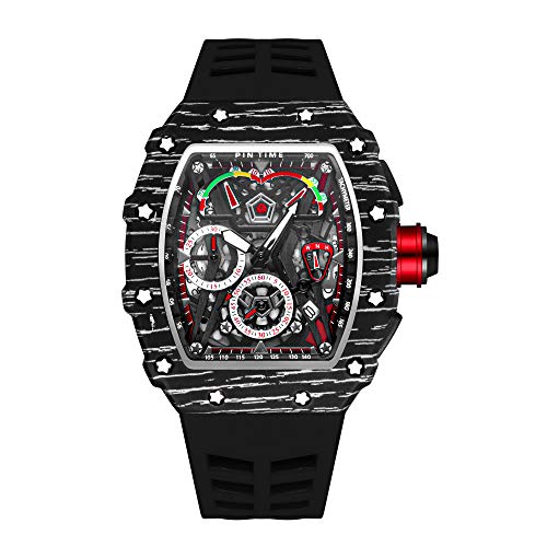 PINTIME Fashion Mens Tonneau Watch Hollow Punk Chronograph Sports Wristwatch Luxury Designer Mens Quartz Silicone Watches - Image 1