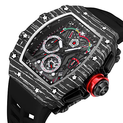 PINTIME Fashion Mens Tonneau Watch Hollow Punk Chronograph Sports Wristwatch Luxury Designer Mens Quartz Silicone Watches - Image 5