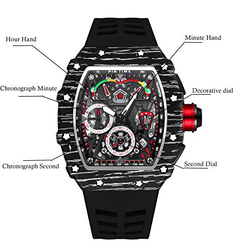PINTIME Fashion Mens Tonneau Watch Hollow Punk Chronograph Sports Wristwatch Luxury Designer Mens Quartz Silicone Watches - Image 4