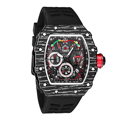 PINTIME Fashion Mens Tonneau Watch Hollow Punk Chronograph Sports Wristwatch Luxury Designer Mens Quartz Silicone Watches - Image 3