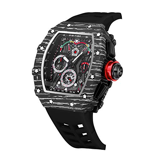 PINTIME Fashion Mens Tonneau Watch Hollow Punk Chronograph Sports Wristwatch Luxury Designer Mens Quartz Silicone Watches - Image 2