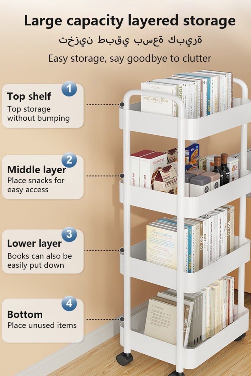 ديبتر عربة أدوات مساعدة بلاستيكية قابلة للدوران ذات 4 طبقات مع مقبض، عربة تخزين متعددة الوظائف للمكتب، غرفة المعيشة، المطبخ، منظم تخزين متحرك بعجلات، أبيض - Image 3