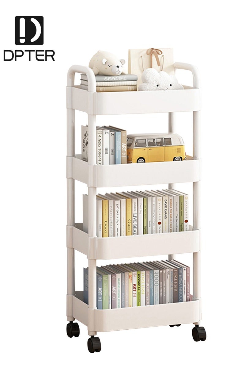 ديبتر عربة أدوات مساعدة بلاستيكية قابلة للدوران ذات 4 طبقات مع مقبض، عربة تخزين متعددة الوظائف للمكتب، غرفة المعيشة، المطبخ، منظم تخزين متحرك بعجلات، أبيض - Image 1